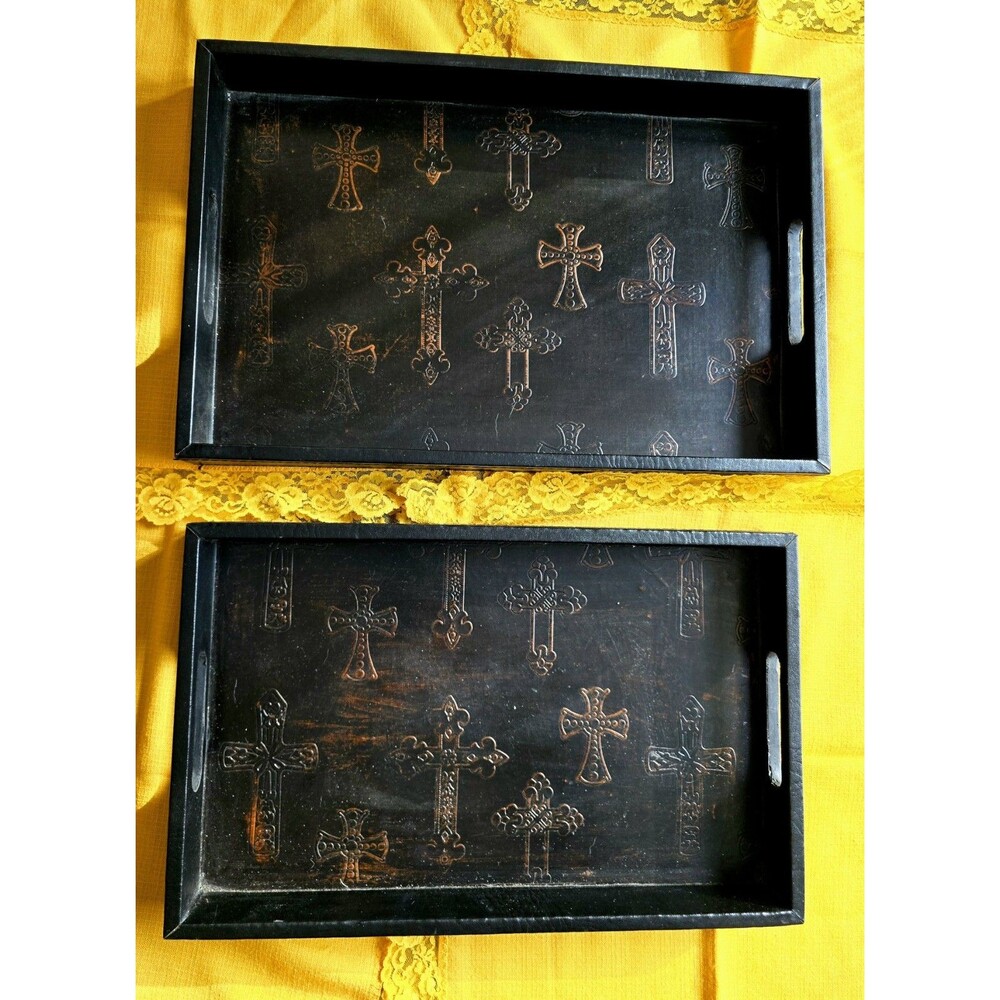 GOTHIC MEDIEVIL Black Wood Trays with Embossed CROSSES Religious Ritual Items